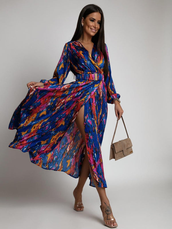 Платье в европейском стиле с цветочным принтом и длинными рукавами