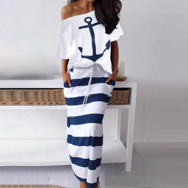 【女装】海军风休闲船锚印花短袖T恤+半身裙套装 的副本