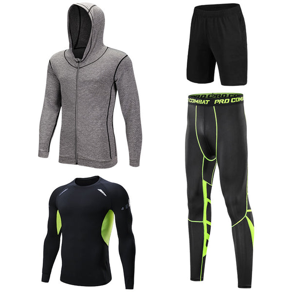 Новая влагоотводящая мужская одежда для фитнеса, фабрика прямых продаж, спортивный костюм из четырех предметов для бега
