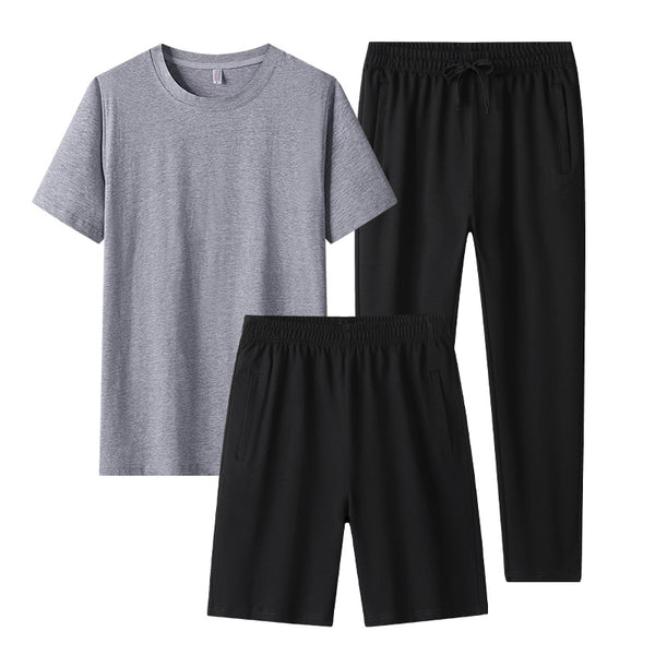 [Большой размер] Мужской повседневный спортивный костюм из трех частей, хлопковая футболка, брюки, шорты, костюм, плюс удобрения